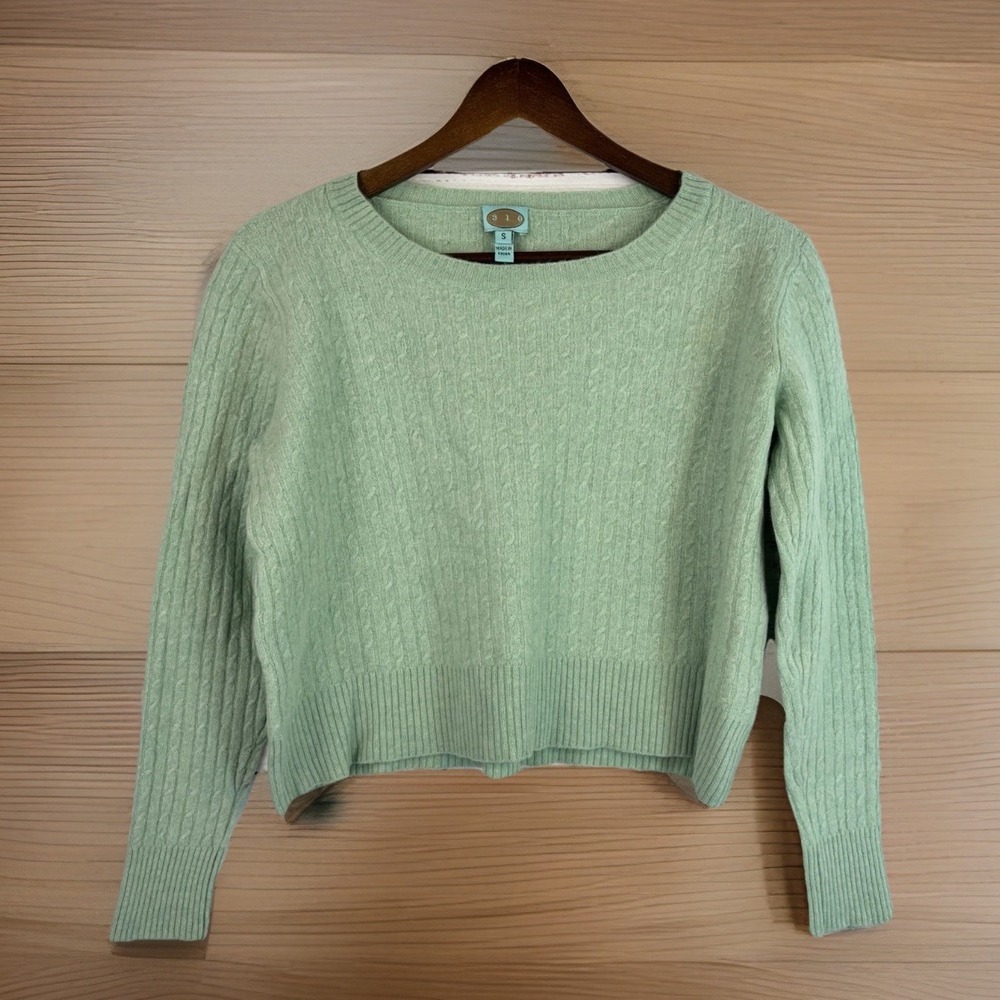 310 Cashmere Sweater S‎ Pale Green Cable Knit Cropped Soft Pullover
